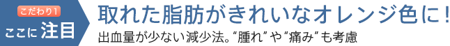 こだわり1ここに注目：減少した脂肪がきれいなオレンジ色に！出血量が少ない安全な減少法。“腫れ”や“痛み”も考慮