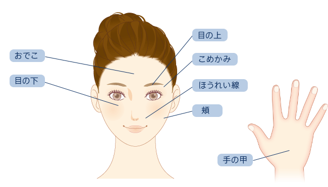 おでこ 目の下 目の上 こめかみ ほうれい線 頬 手の甲