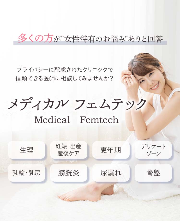 メディカル フェムテック/Medical Femtech　多くの方が”女性特有のお悩み”ありと回答（当院調べ）　プライバシーに配慮されたクリニックで信頼できる医師に相談してみませんか？　生理、妊娠・出産・産後ケア、更年期、デリケートゾーン、乳輪・乳房、膀胱炎、尿漏れ、骨盤