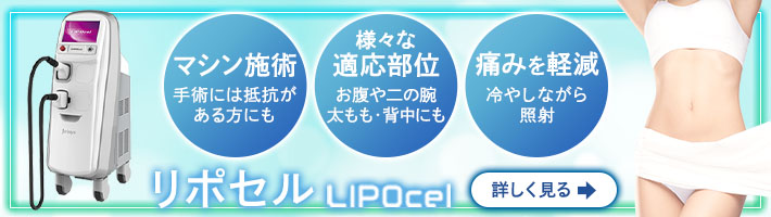 リポセル（LIPOcel）　マシン施術：手術には抵抗がある方にも　様々な適応部位：お腹や二の腕、太もも・背中にも　痛みを軽減：冷やしながら照射