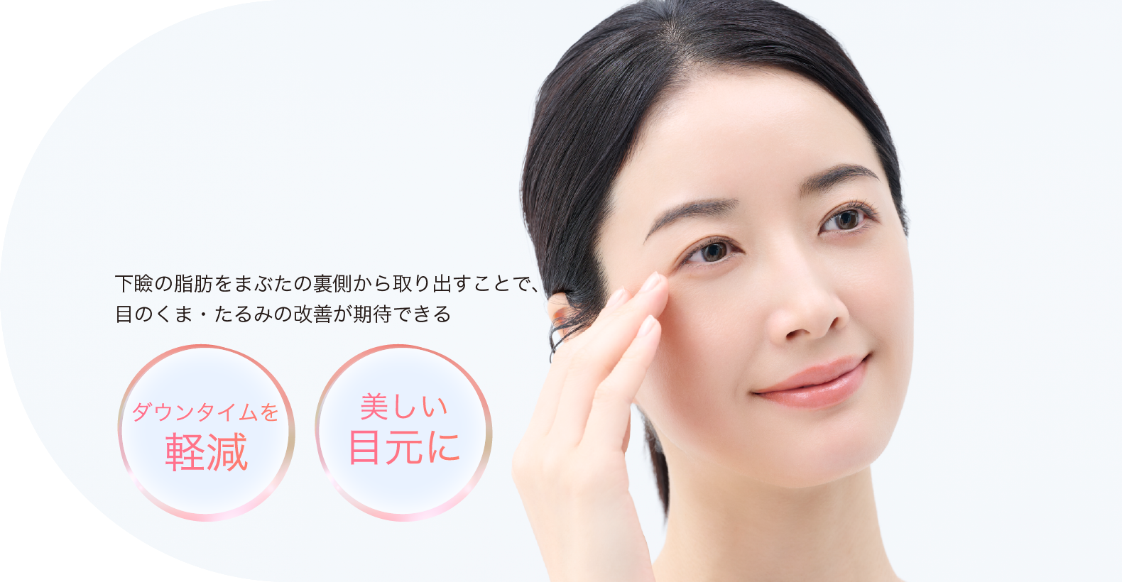 下瞼の脂肪をまぶたの裏側から取り出すことで、目のくま・たるみを改善 ダウンタイムが短い 美しい目元に