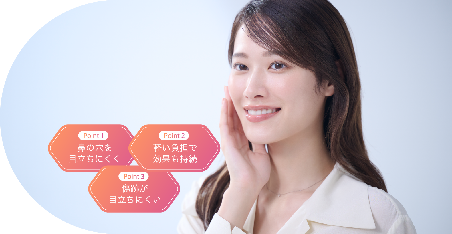 Point1 鼻の穴を目立ちにくく Point2 軽い負担で効果も持続 Point3 傷跡が目立たない