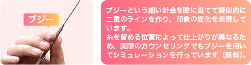 自然な末広型、幅が広めの末広型、幅が広めの平行型。上記の写真は、ブジーという細い針金を瞼に当てて疑似的に二重のラインを作り、印象の変化を表現しています。糸を留める位置によって仕上がりが異なるため、実際のカウンセリングでもブジーを用いてシミュレーションを行っています（無料）。